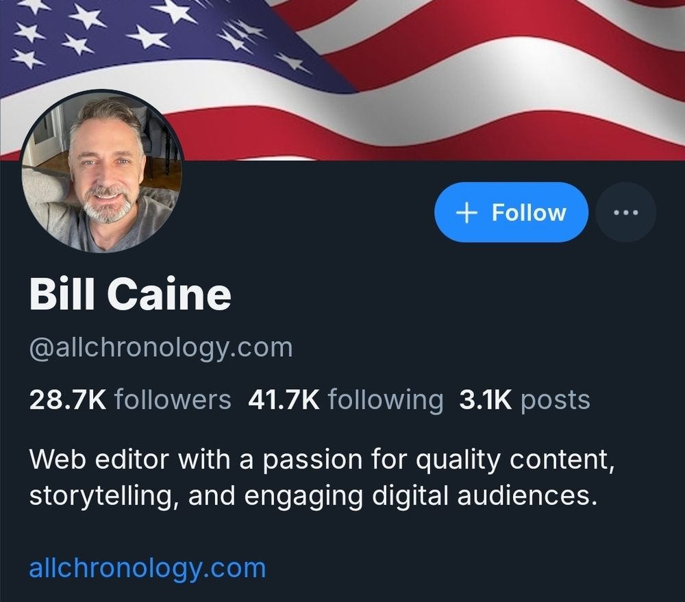 Profile pic for Bill Caine, an "AI" slop "news" account, aka fake journalist