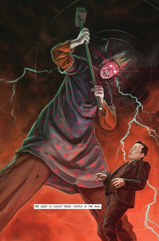 Comic panel of a giant luddite with glowing red eyes and a raised hammer looming over elon musk with the caption "we used to shoot these people in the dick"