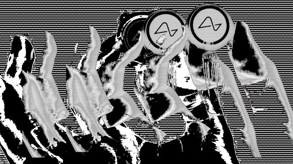 black and white chopped and screwed image of a hand hold a neuralink device. overlapping layers of of the hand are rendered with various types of crt display style pixel patterns and scan lines