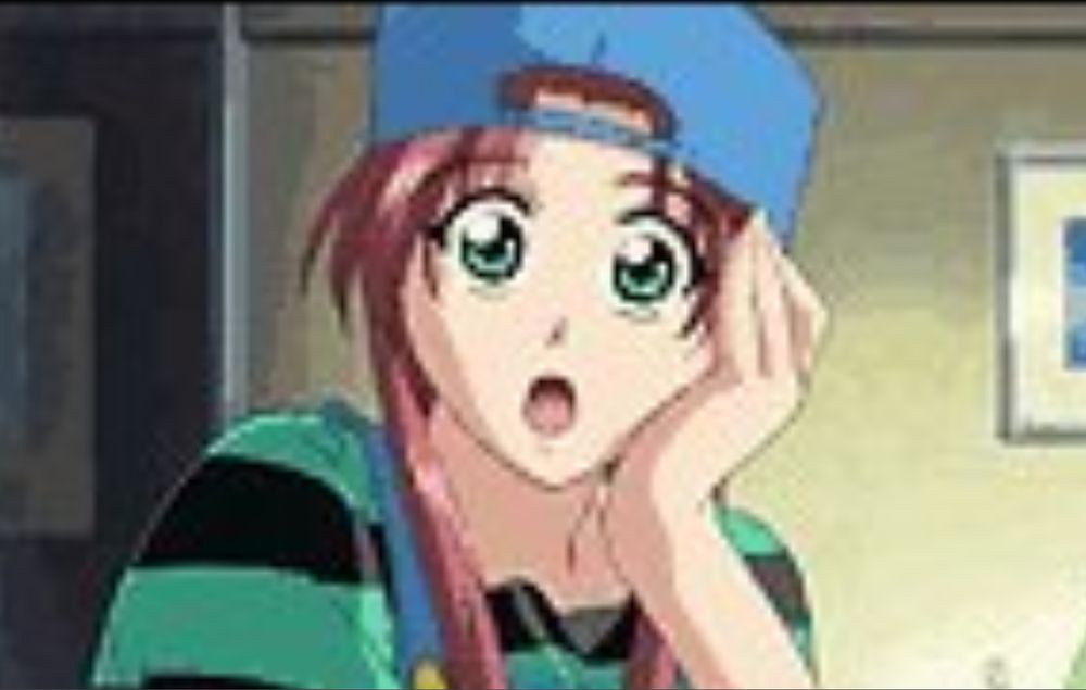 unidentified anime girl (probably just pissed someone off...) in a backward hat making a shocked face