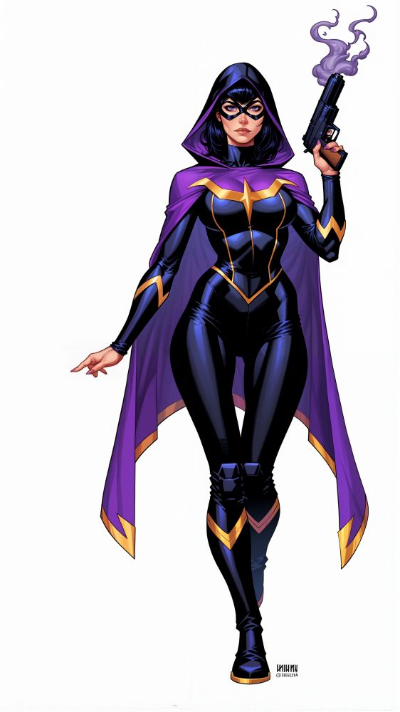 A superheroine named Umbra stands confidently in a sleek, dark-purple and black bodysuit with golden accents. She wears a hooded cape, matching her shadowy theme, and holds a smoking pistol in one hand, exuding an aura of mystery and power. Her mask partially obscures her face, highlighting her piercing eyes. The overall design captures her as a master of shadow manipulation and firearms, blending elegance with a sense of danger.