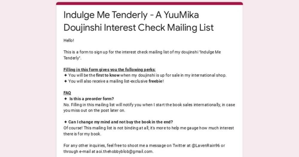 Indulge Me Tenderly - A YuuMika Doujinshi Interest Check Mailing List