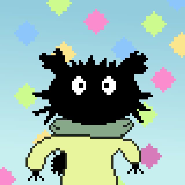 This is Sproot, a little soot sprite creature with a pastel blue background and some konpeito.
