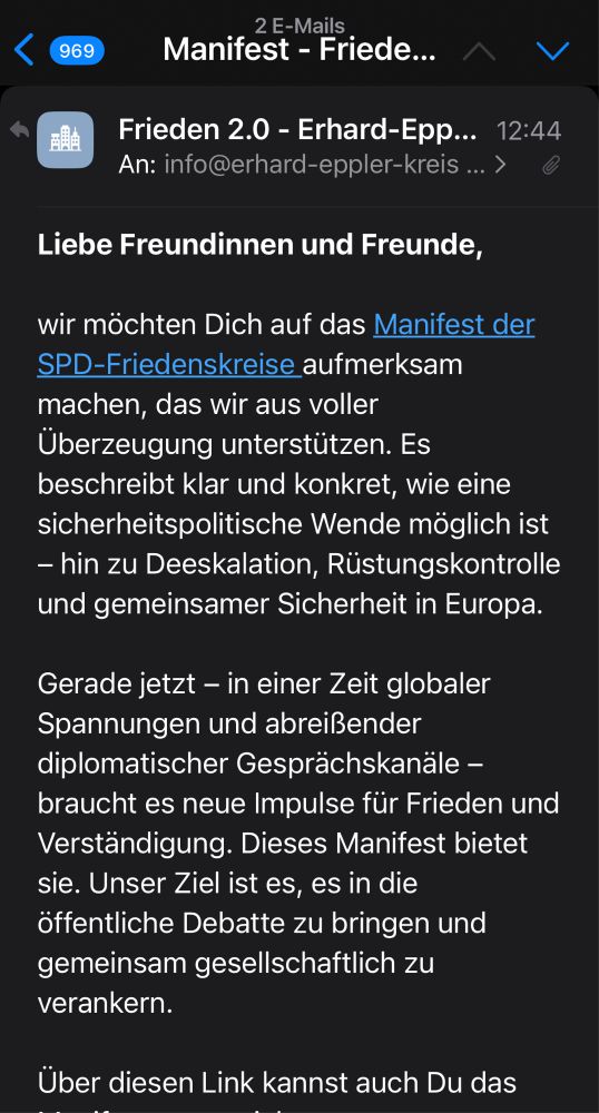 Mail mit Hinweis zum Manifest des SPD-Friedenskreises