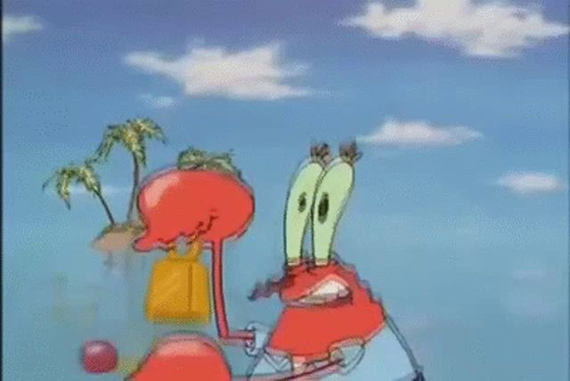 a cartoon character from spongebob squarepants is holding a crab in his hand and screaming .