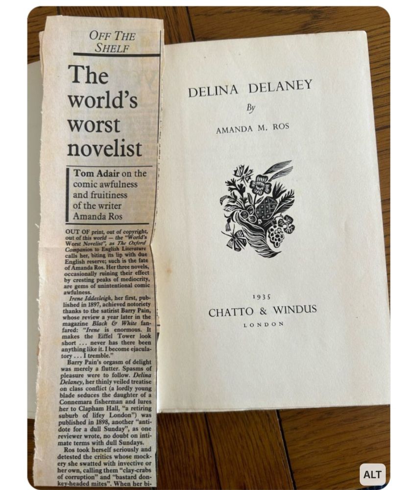 Book with newspaper cutting with the headline 'The World's Worst Novelist ' contributed by @georgybradders.bsky.social