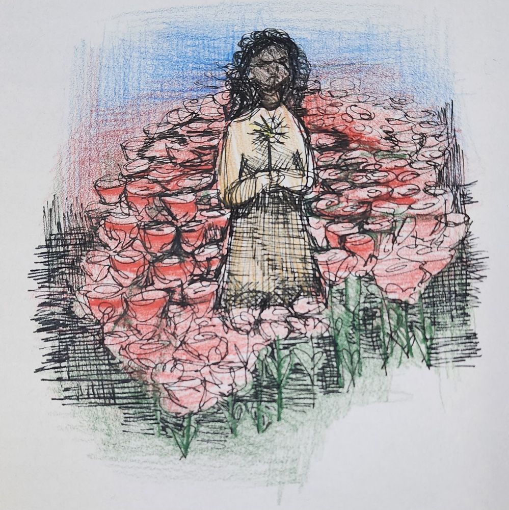 Maud Martha, a young black girl who loves everyday beauty & feels alienated from the world's white beauty standards, stands among roses, holding a dandelion.