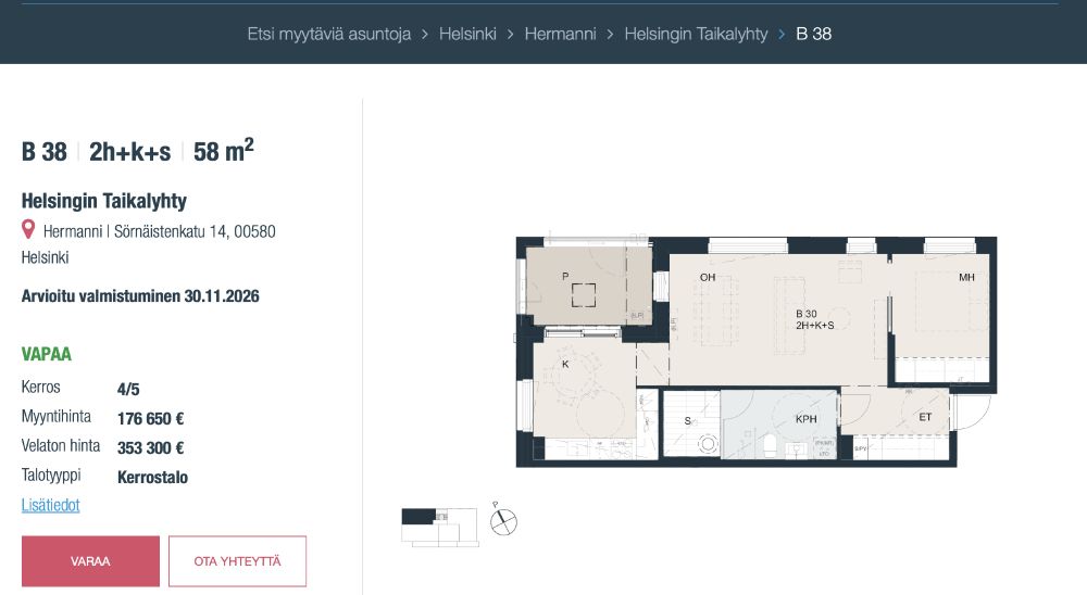 Pohjapiirros uudesta kaksiosta, jossa erillinen keittiö – ja jopa parveke sen jatkeena! Harvinainen asuntotyyppi nykytuotannossa..