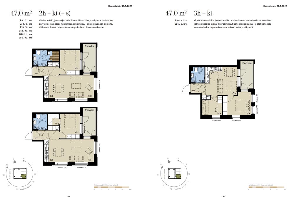 Kolme pohjapiirrosta. Nimetty kaksioiksi ja kolmioksi (2h+kt ja 3h+kt), mutta kuvaavampaa olisi puhua tupakeittiöstä ja yhdestä tai kahdesta huoneesta. Siis 1h+tupak ja 2h+tupak.