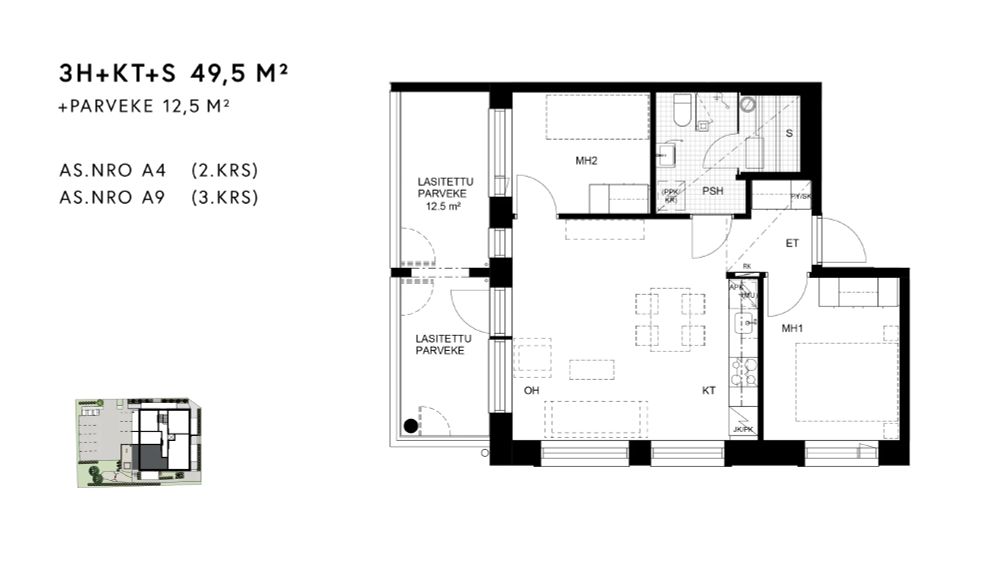 49,5-neliöisen asunnon pohjapiirros.