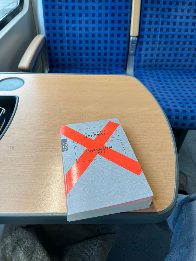 Buch mit dem Titel ‚Untenrum frei‘ von Margarete Stokowski liegt auf einem kleinen Holztisch in einem Zugabteil. Im Hintergrund sind zwei blaue Sitzplätze sichtbar.