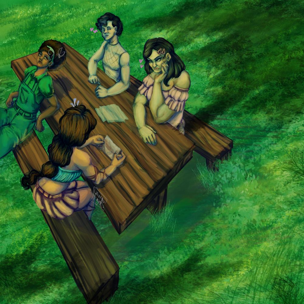 Alex ( pele escura e cabelo afro) sentada de costas para a mesa, vestindo o macacão verde ao lado de Cidae ( cabelos longos marrom e  pele clara )que está vestindo um top azul-marinho e uma saia amarela que está com um papel na mão lendo para seus amigos. Do outro lado da mesa tem Lila ( pele clara olhos puxados e cabelo liso preto) com uma mão no queixo e vestindo um vestido rosa ao lado de Jude ( pele clara e cabelos pretos com mechas azuis), que usa uma rede de pesca como roupa. Todes estão sentados, uma mesa de piquenique num gramado verde.