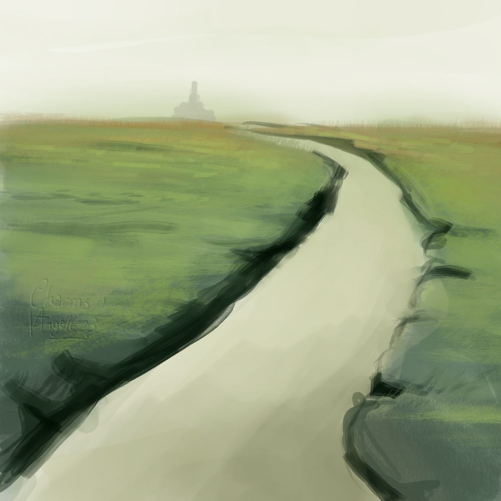 Gramado cortado por um rio... ao fundo, na neblina, um castelo.