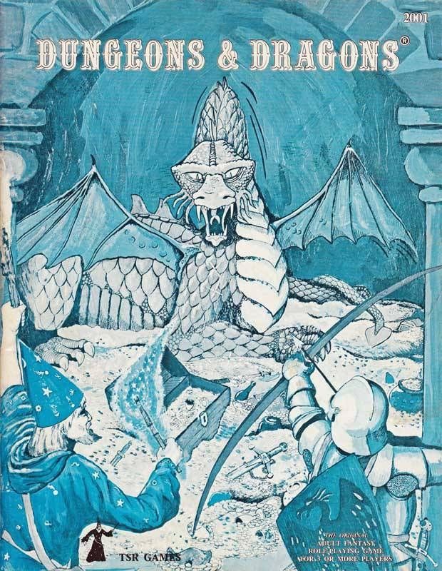 Monochrome blue cover of the original Basic D&D rules booklet, illustrated by Dave Sutherland. A scaly, winged dragon atop a hoard of treasure, viewed over the shoulders of a magic-user and fighting man attacking the dragon with magic missile and longbow.