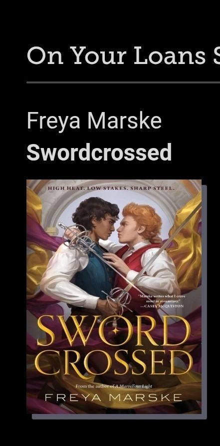 Screenshot of the cover of Swordcrossed by Freya Marske from inside Libby. 