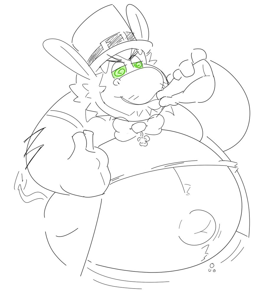 Tek the donkey chugging beers in a leprechaun outfit, his belly hanging out of his shirt and wobbling, he is zonked and has green and yellow swirling hypno eyes