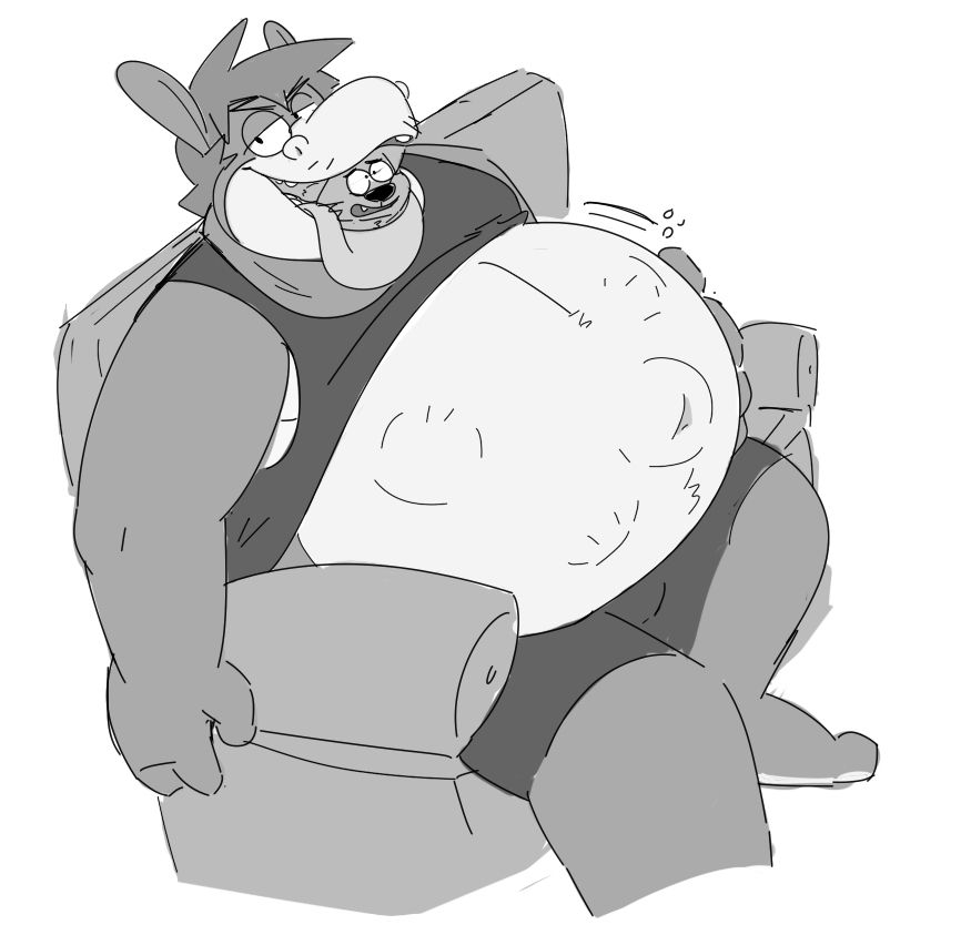 Tek the donkey sitting on a sofa with a full belly that has prey squirming inside of it, wearing only shorts and a tank top as he has another tiny pred laying in his may moments before he gets gulped down his already bulging throat, looking at viewer smug
