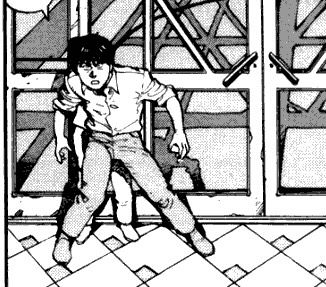 kaneda stands defensively in front of akira, basically acting like a shield