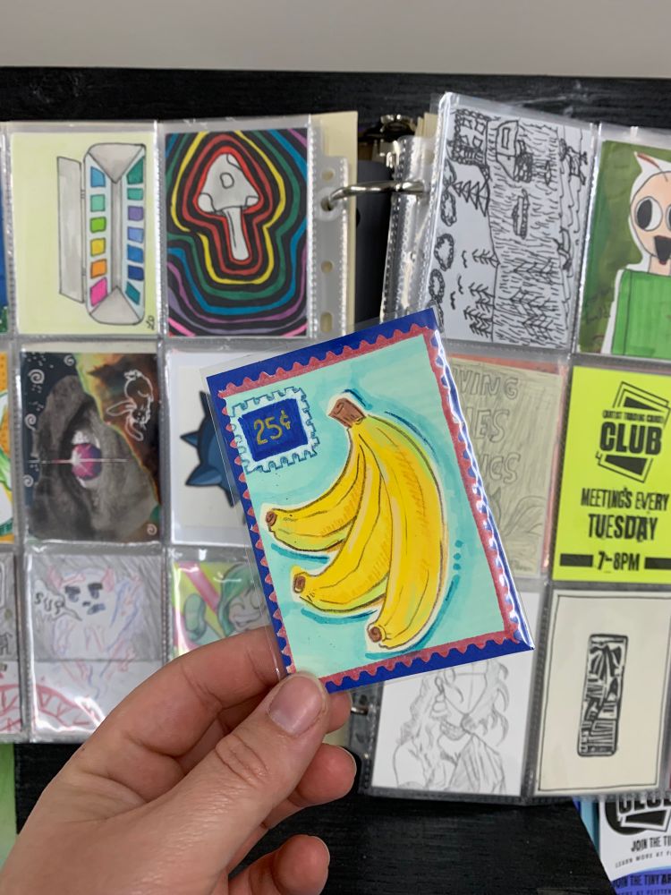 A bright cartoon banana bunch, drawn on a trading card. Hope it finds its way into someone’s ATC collection!