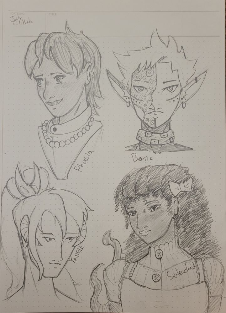 Pencil sketches on dot notebook paper of a few characters. Phasia, Bonic, Yanell and Soledad. 
