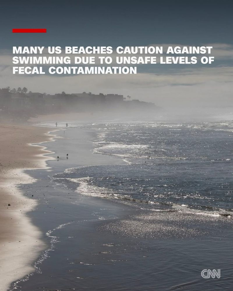 Headline over a murky misty coastline: MANY US BEACHES CAUTION AGAINST SWIMMING DUE TO UNSAFE LEVELS OF FECAL CONTAMINATION