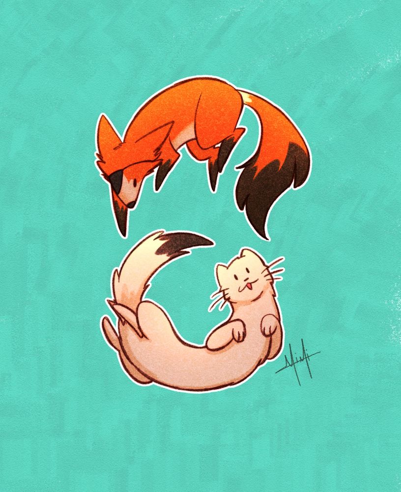 Drawing of a red fox with an eye patch and a white ferret, the fox looking at the ferret and the ferret smiling at you.