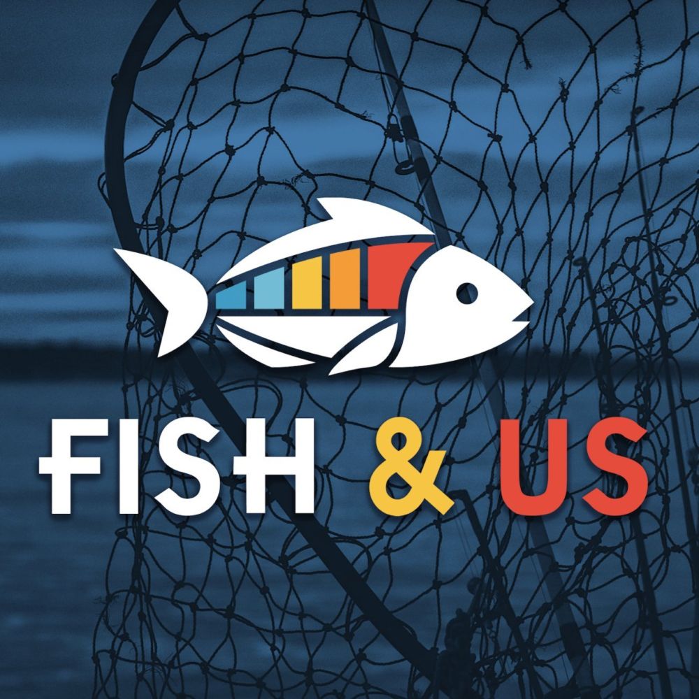 A podcast tile graphic "Fish & Us" where the fish design represents a color temperature chart to indicate rising ocean temps.