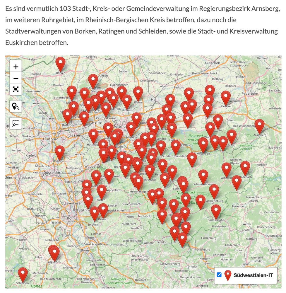 Map of North-Rine Westfalia in Germany. It shows 103 red markers, indicating cities, municipalities and districts taken offline by the cyber-attack.