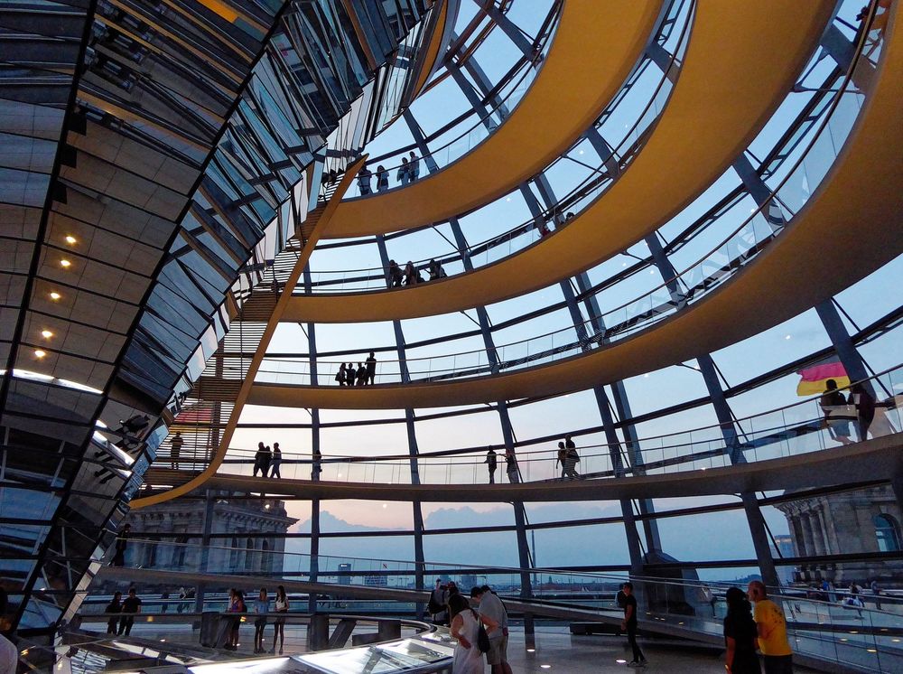 View of the walkways inside the glass dome of the Reichstag. 