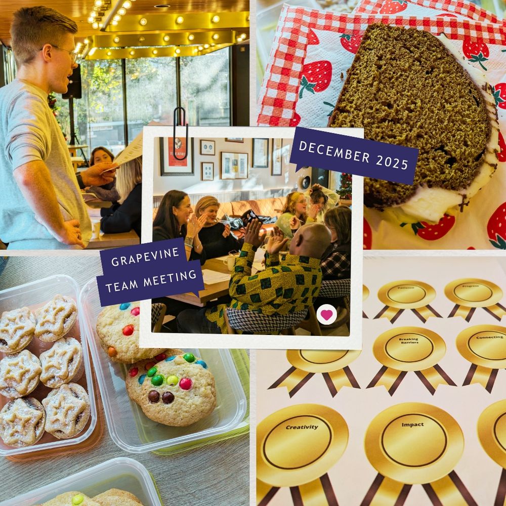 A five photo collage shows images from Grapevine's December team meeting at Belgrade Theatre, Coventry featuring cakes, cookies, a quiz, a round of applause and a sheet of printed gold medals which include Creativity, Impact and Tenacity.