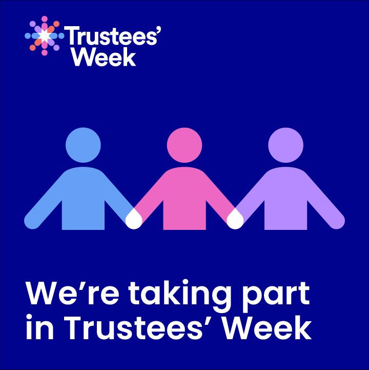 Trustees' Week supporter badge showing three people in blue, purple and pink holding hands on a blue background. The text says, "We're taking part in Trustees' Week".