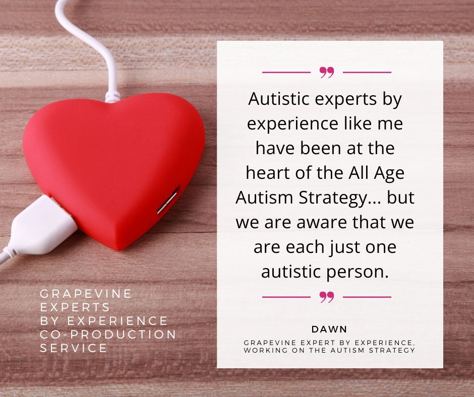 A photo of a heart-shaped speaker plugged into two cables on a wooden desk, next to a quote from a Grapevine expert by experience about their role in producing the All Age Autism Strategy 2021-26 and evaluation survey. In purple quotation marks, a quote from EbE Dawn reads, "Autistic experts by experience like me have been at the heart of the All Age Autism Strategy... but we are aware that we are each just one autistic person."