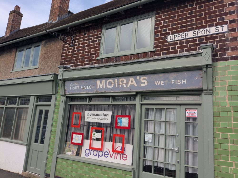 123 Upper Spon Street nowadays. Moira's son Ben says the shop sign has remained the same since his Dad painted it and is protected by a preservation order.
