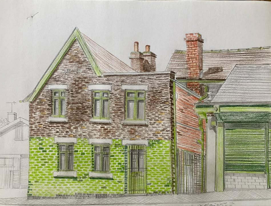 Sketch by Christopher Sidwell, July 2025 shows the Grapevine building today with green tiling across its bottom half and a modern extension to the right hand side.