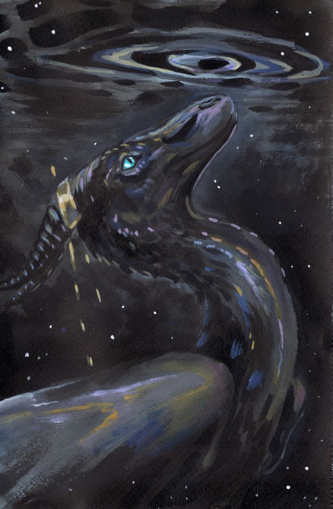 Painting of a vaguely transparent black dragon against a backdrop of stars that show through her body (or are part of it) in places.