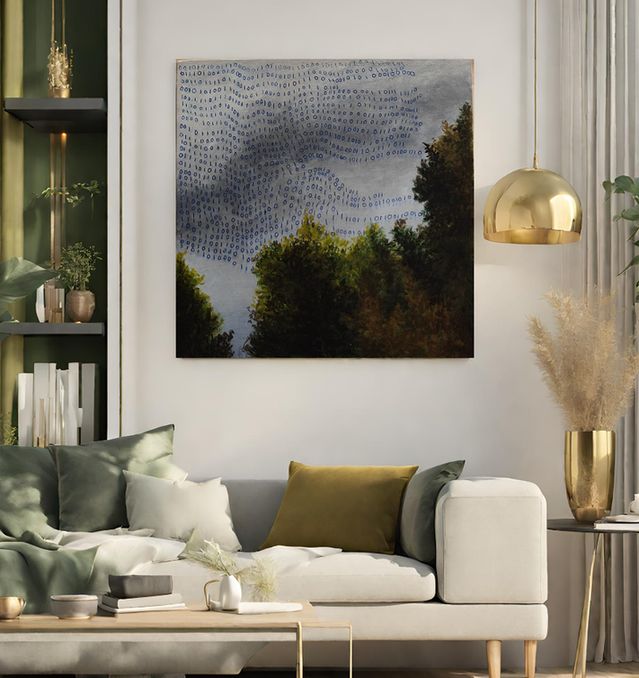 a conceptual painting of a sky with trees with binary code in the clouds wall art print is displayed on a neutral wall besides a bookshelf and around a few plants and above a couch with a table infront in the living room scene
