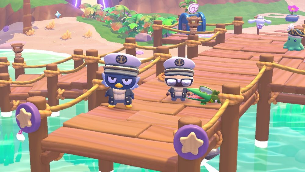 Screenshot of hello kitty island adventure featuring Badtz-maru and the player character standing side by side both wearing the fishermen outfit 