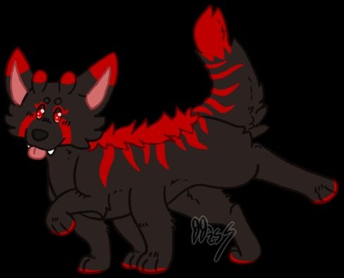 Digital art of a six-legged black and red canine in a fun strutting pose.