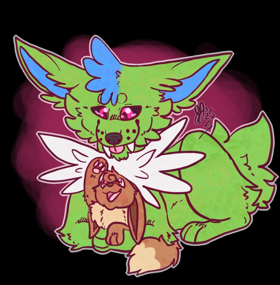 A shiny Jolteon and an Eevee cuddled together