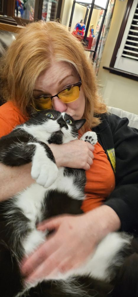 Black and white cat looking put off while getting cuddled by me. 