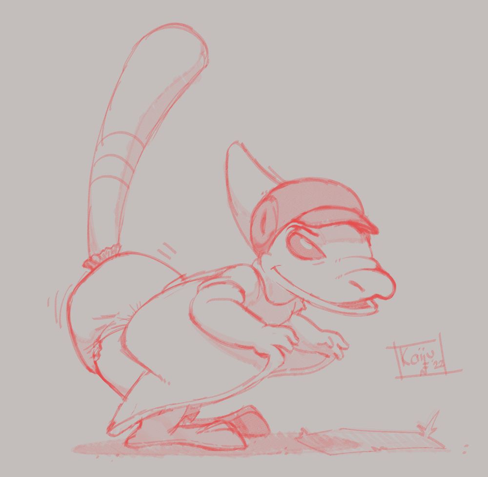 Slugger waving his butt as he prepares to hit something with his tail. He's wearing a diaper and a baseball hat