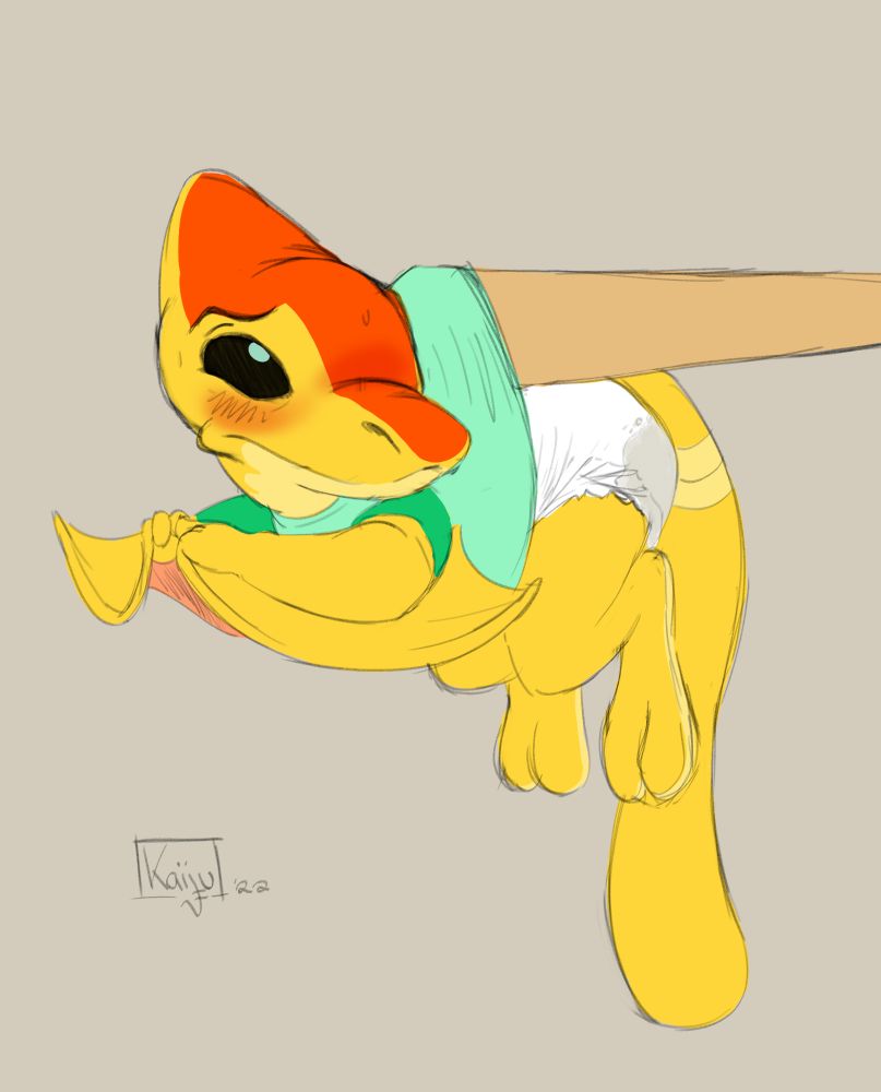 Slugger being lifted by his shirt with a baseball bat. He looks embarrassed. His diaper is wet.