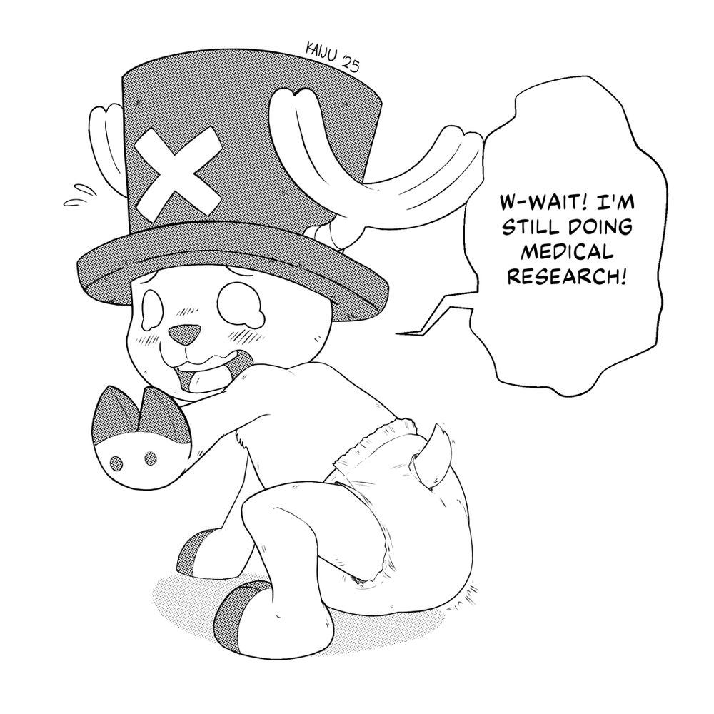 Tony-Tony Chopper from One Piece wearing his pre-timeskip hat and a diaper. He's squatting and filling the diaper. He looks mortified and is holding his hand up in shame. He's saying "W-wait! I'm still doing medical research!"