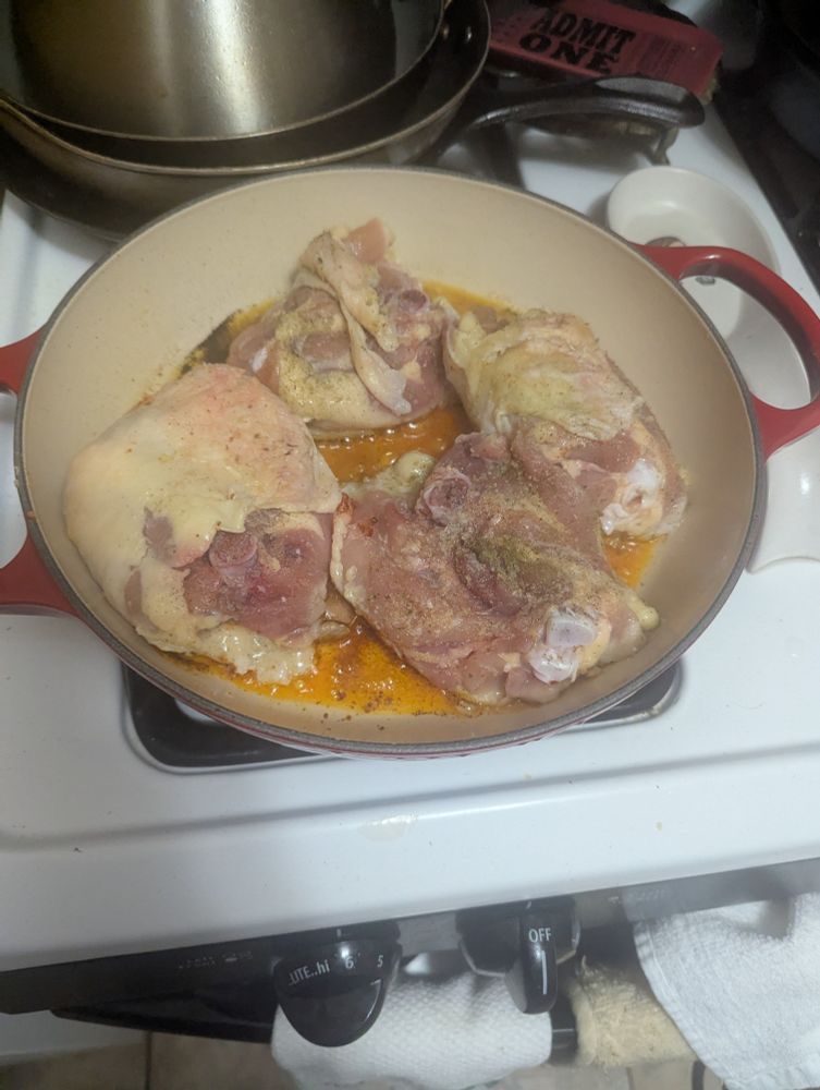 Bone in, with skin, chicken in new Le Creuset braising pan I got for Christmas. 