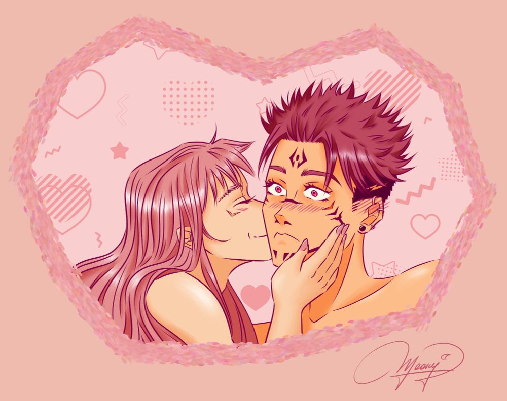 Fanart of yuri SukuIta for Yuri Day <3
Fem Yuuji kissing fem Sukuna on the cheek <3

credit: @broodingmoony.bsky.social