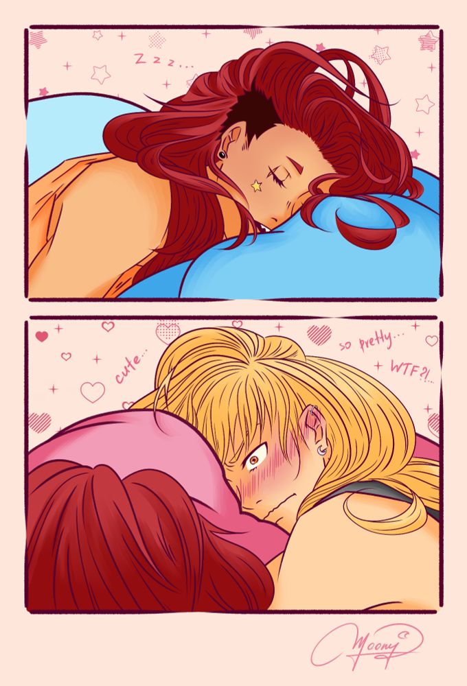 For @bakugouevents.bsky.social‬ Fem Bakugou month <3
Sleepover and gay panic prompts <3

Fem Bakugou watching fem Kirishima sleep and having a gay panic moment <3

credit: @broodingmoony.bsky.social