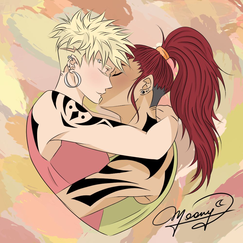 Fem Kirishima and Bakugou are kissing and cuddling. Kirishima with long red hair , pulled into ponytail and she has undercut. Bakugou has short hair with undercut and side hair tattoo.
They both have black tattoos on their arms that go to their backs.