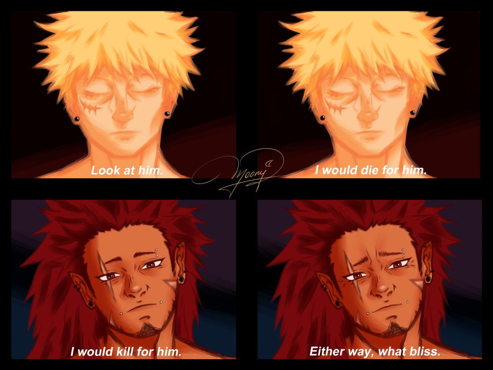 For @bakugouevents.bsky.social‬ KiriBaku July prompt - Blood Riot <3
Blood Riot watching Bakugou sleep

"Look at him. I would die for him. I would kill for him. Either way, what bliss."

credit: @broodingmoony.bsky.social
