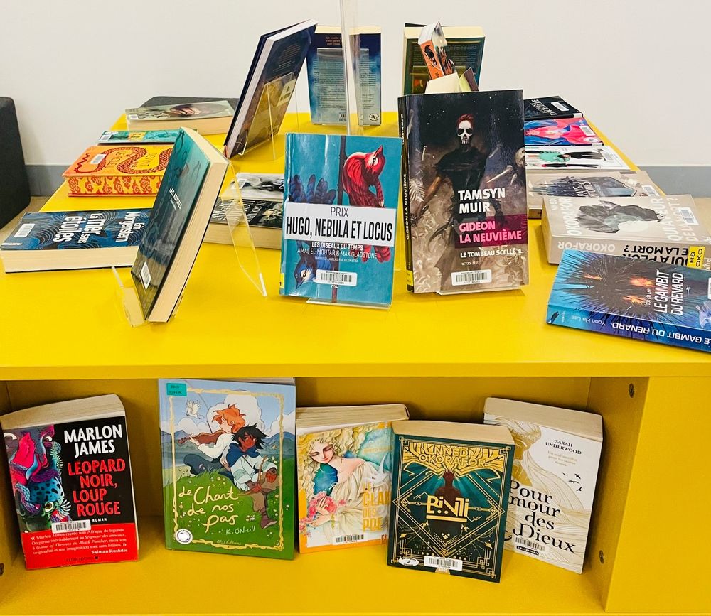 Photo de la suite de la table thématique.
Les titres visibles : 
- Les oiseaux du temps, d'Amal El-Mohtar
- Gideon la neuvième, de Tamsyn Muir
Leopard noir, loup rouge de Marlon James
- Le chant de nos pas, bd de Kay O'Neill
- Le Clan des Poe, manga de Moto Hagio
- Le gambit du renard de Yoon Ha Lee
- Binti de Nnedi Okorafo
- Pour l'amour des dieux de Sarah Underwood
