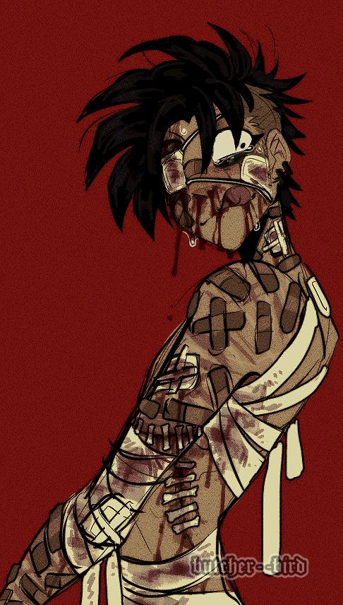 a digital illustration of johnny c. / nny from the comic johnny the homicidal maniac. he is covered in an excess of bandages, some of which are bloody as well as butterfly stitching lines his arm and torso. he is wearing a medical(-esque?) eyepatch and has a cheeky expression while having tears in his eyes. the piece is set on a red background and has a somewhat muted palette.